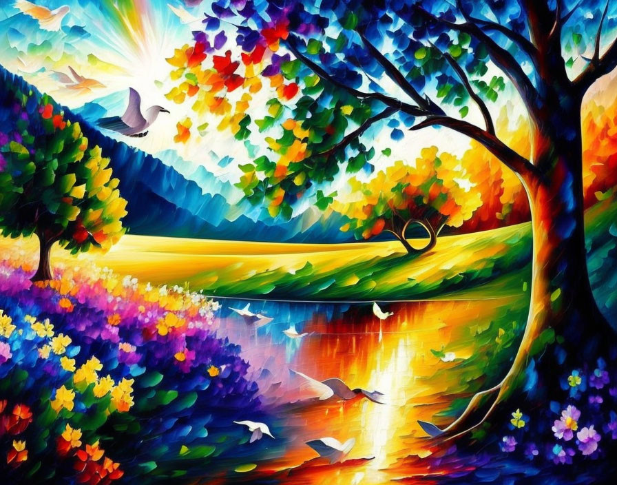 Serene landscape painting with trees, flowers, birds, and river