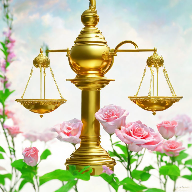 Golden balance scale with pink roses and cloudy sky