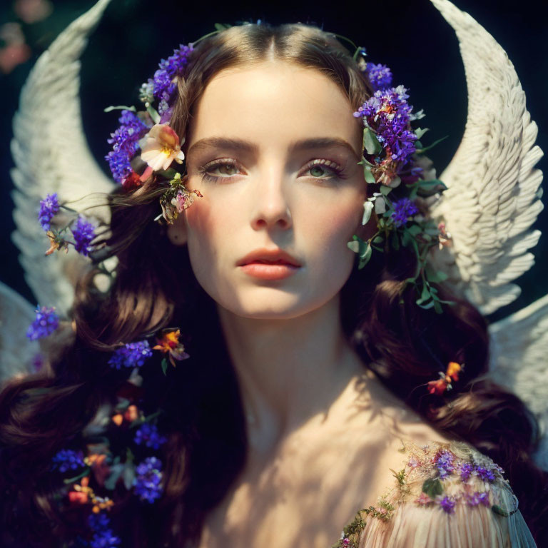 Angel-winged woman adorned with purple flower crown in serene setting