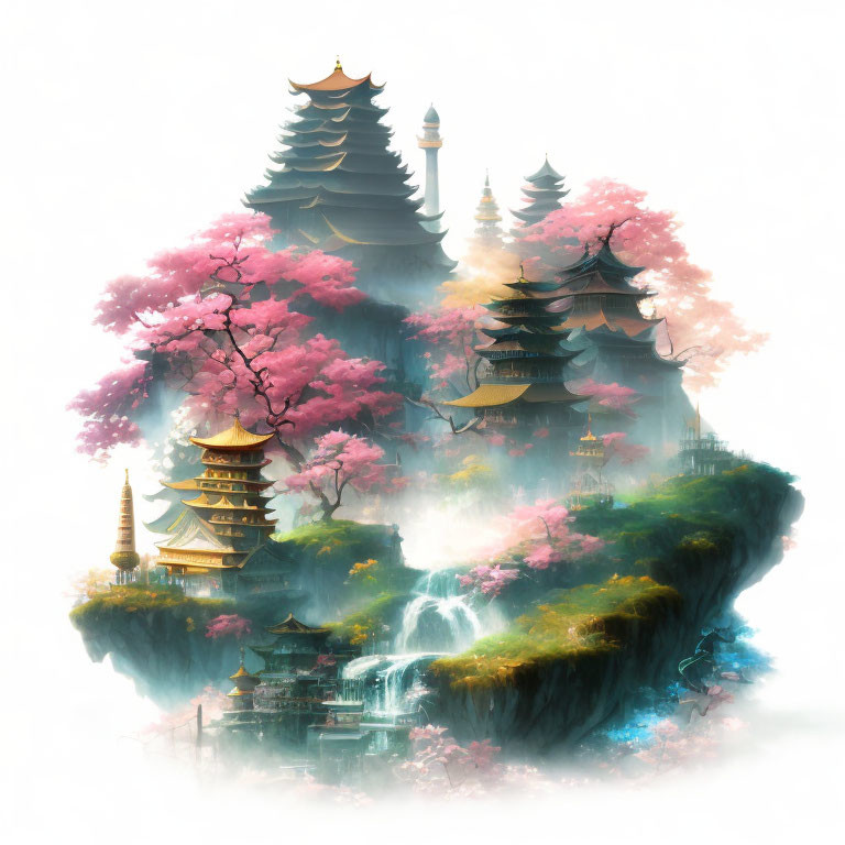 Floating island with pagodas, pink trees, waterfalls & mist.