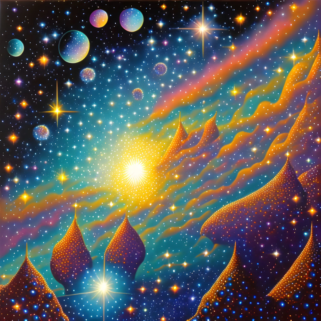 Colorful Wavy Patterns in Space with Planets and Star