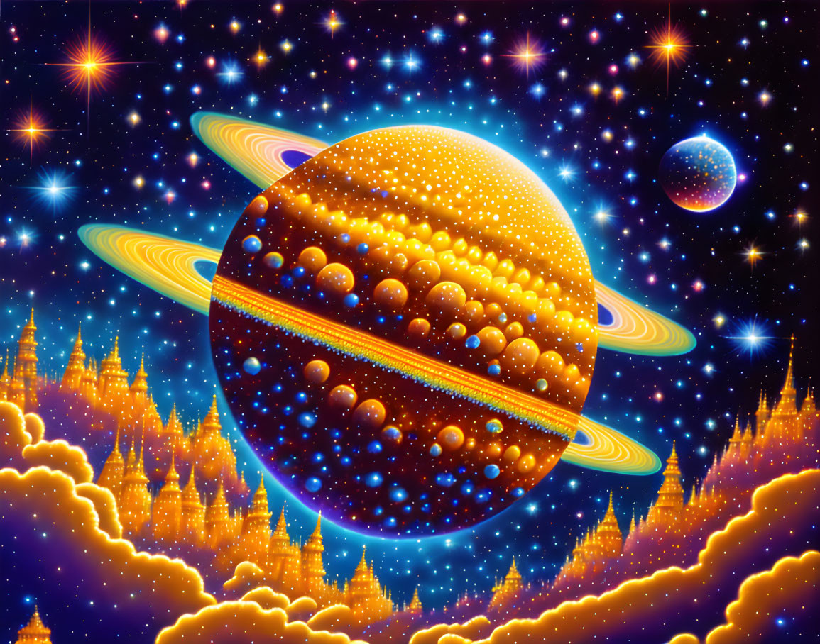 Illustration of vibrant space scene with ringed planet and celestial bodies