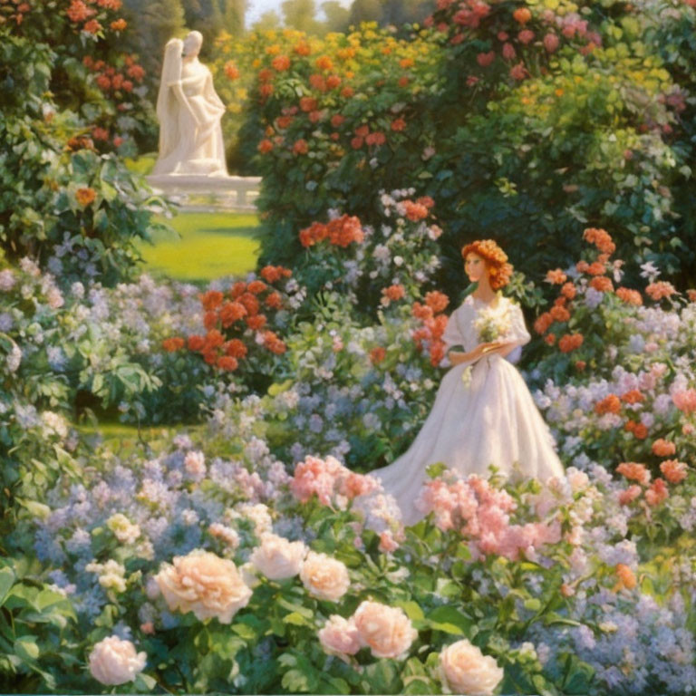 Red-haired woman in white dress surrounded by blooming roses and greenery with white statue