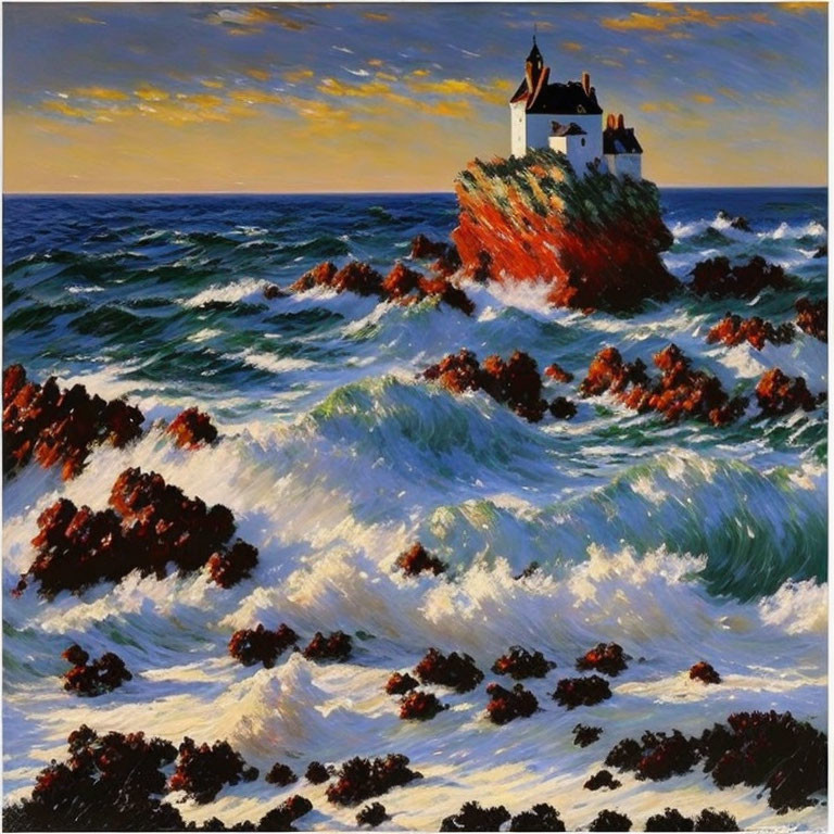 Lighthouse painting on rocky outcrop amid turbulent sea waves at sunset