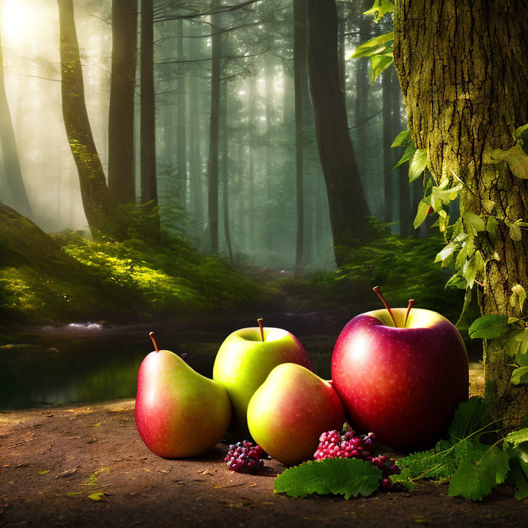 Tranquil forest landscape with fruit collection by stream