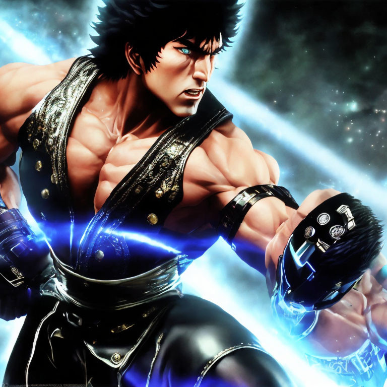 Muscular anime character with black spiky hair, wearing sleeveless outfit, using blue energy attack