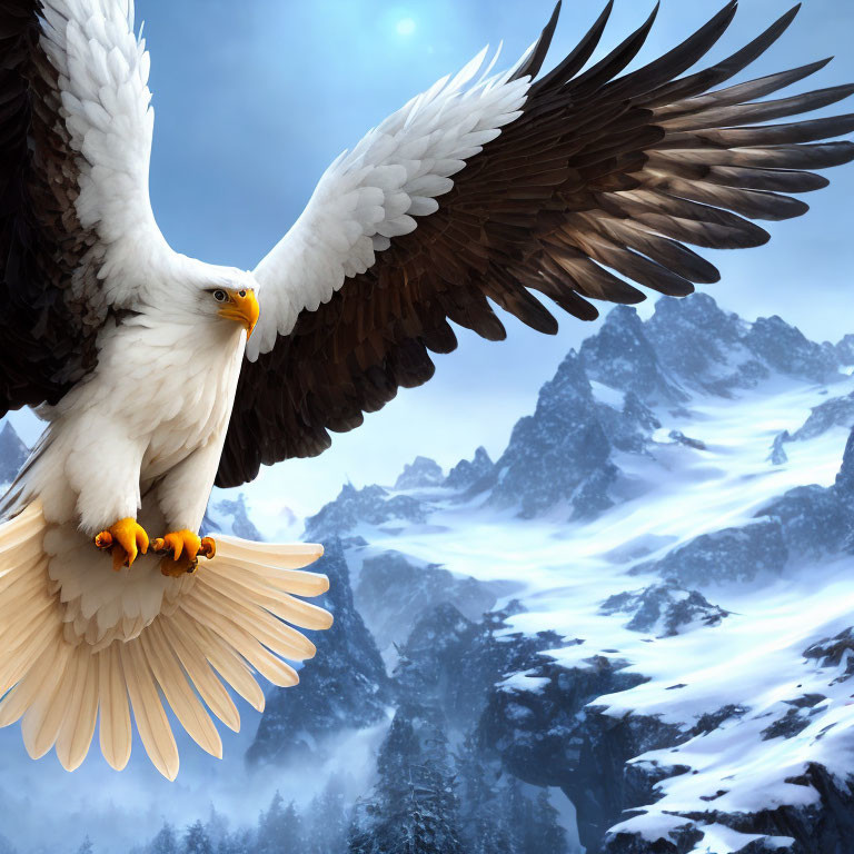 Bald Eagle Soaring Over Snowy Mountains