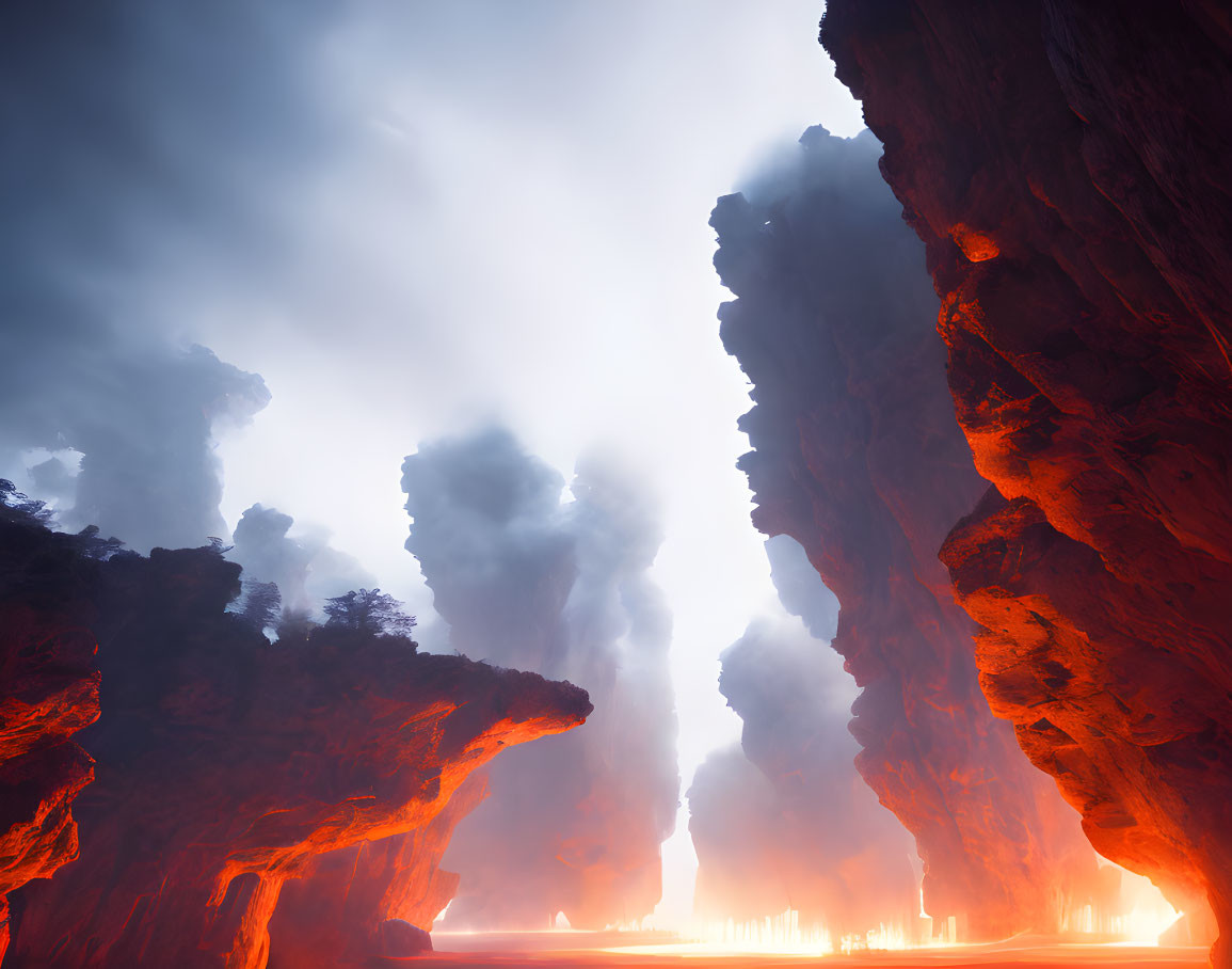 Dramatic red cliffs and glowing lava landscape under ominous sky