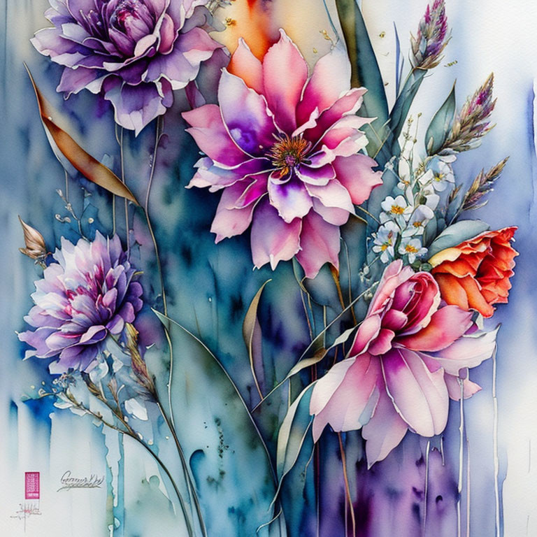 Colorful Watercolor Painting of Purple, Pink, Orange Flowers