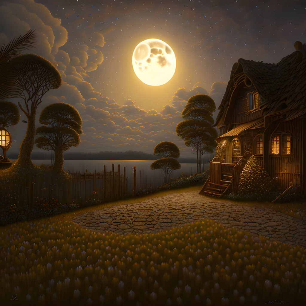Tranquil full moon night scene with house by lake