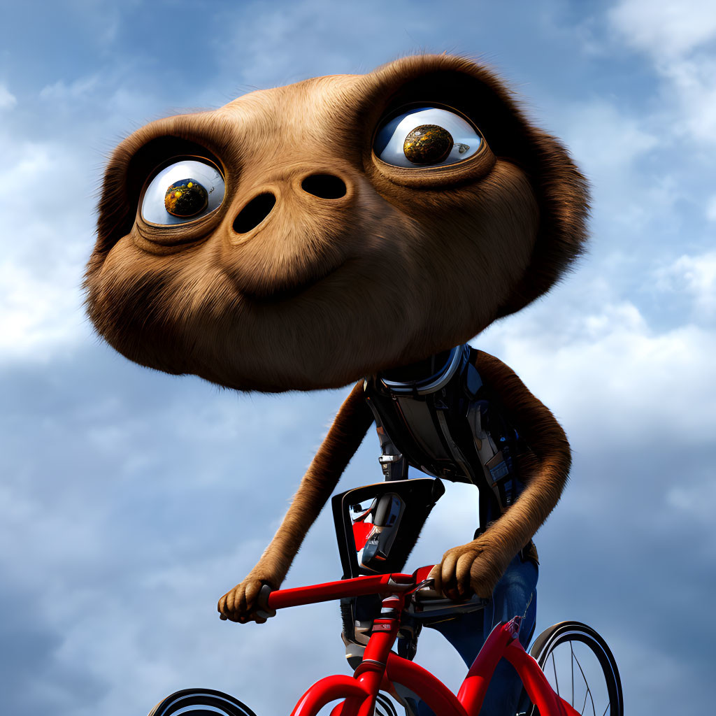 3D-animated character on red bicycle under cloudy sky