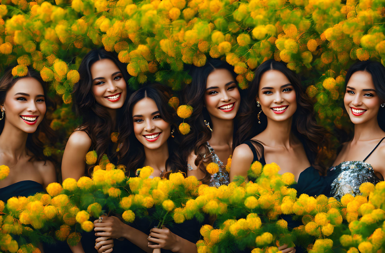 Six Women in Elegant Attire Surrounded by Yellow Flowers