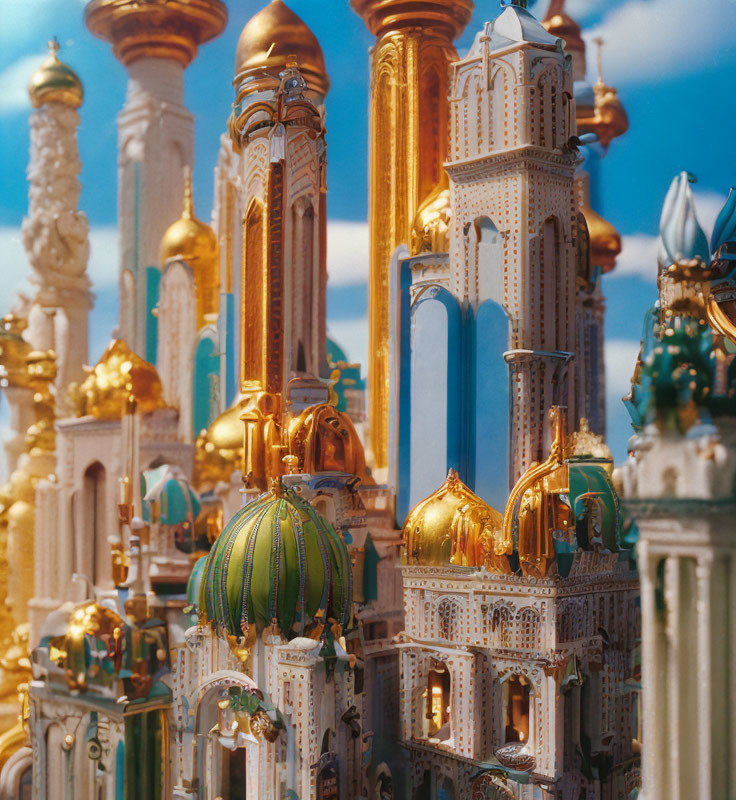 Intricate golden domed cityscape with arabesque architecture