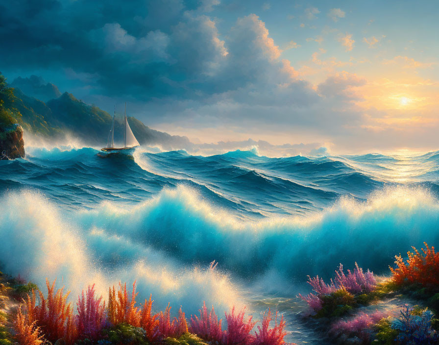 Seascape painting with sailboat, dramatic sky, and coastal flowers