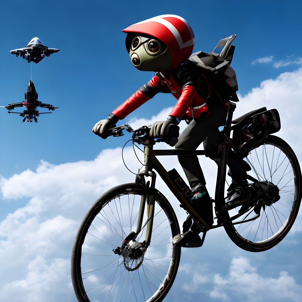 Animated frog in red racing outfit rides bicycle under blue sky with drones.