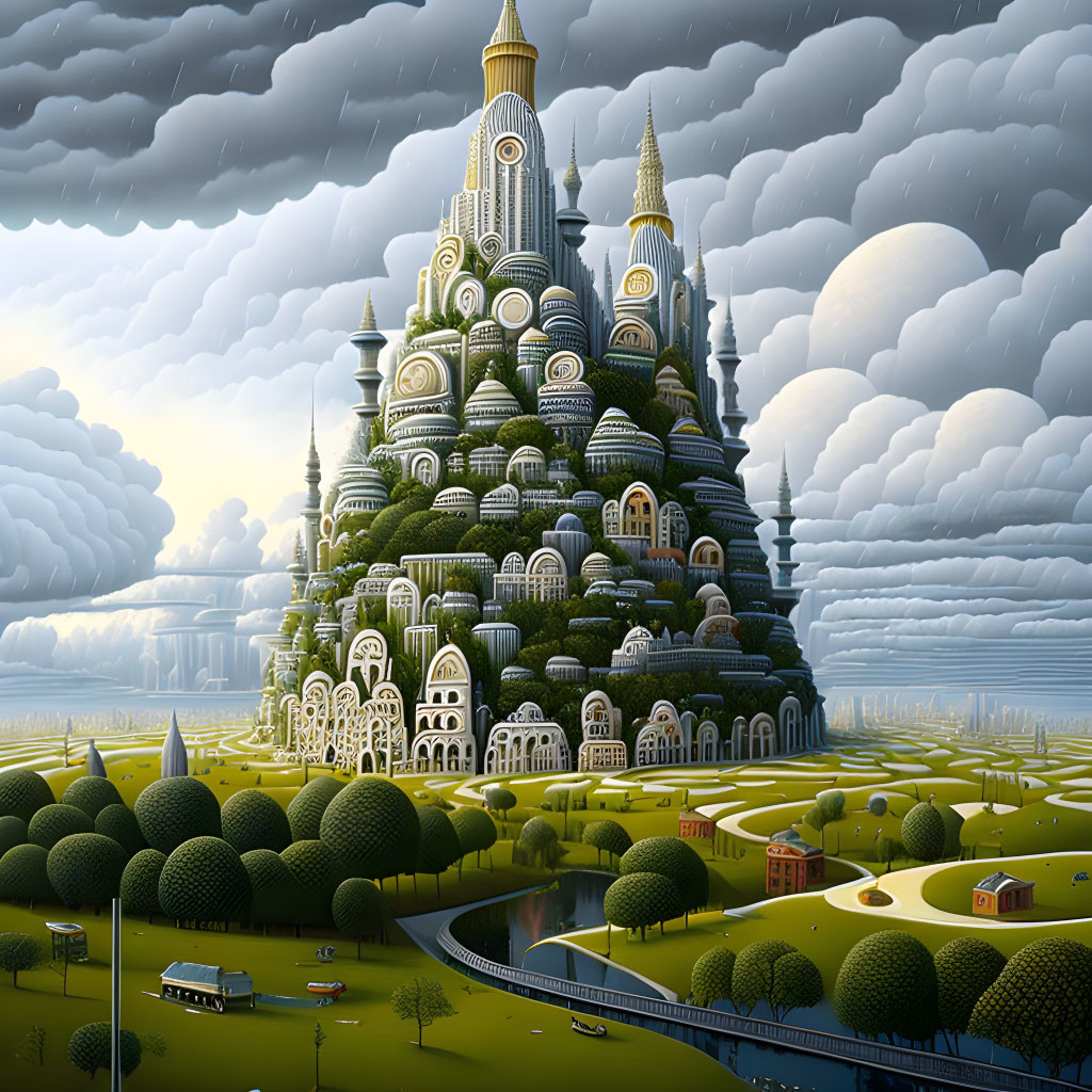 Whimsical landscape with castle-like structure, green hills, river, and cloudy sky