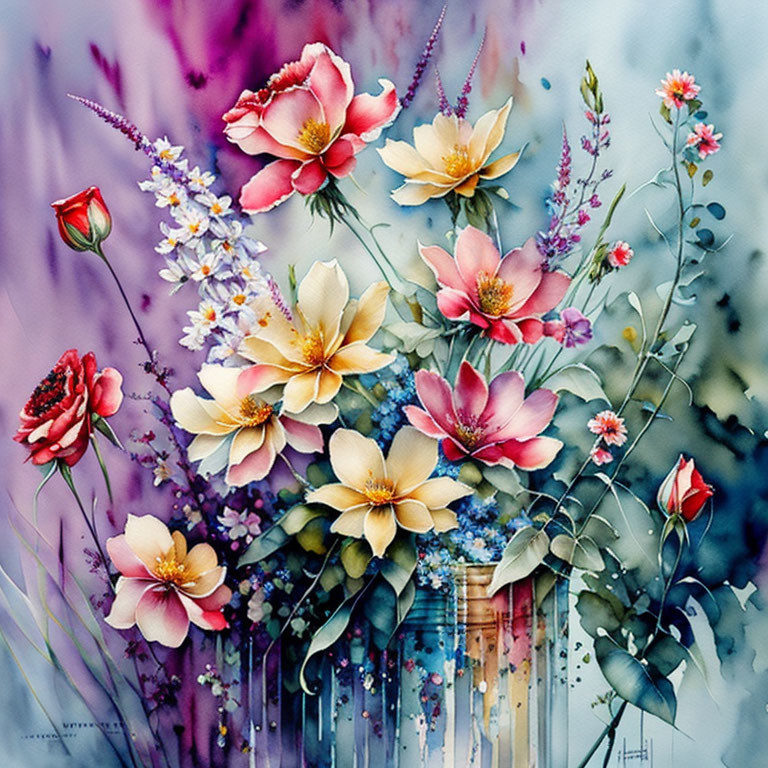 Colorful Watercolor Painting of Pink, Red, and Yellow Flowers