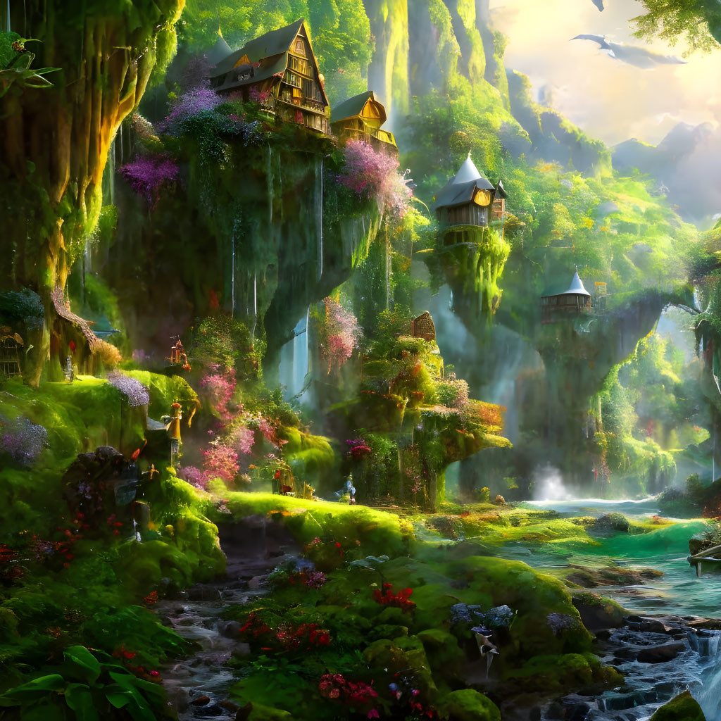 Mystical forest scene with waterfalls, lush greenery, colorful flowers, and whimsical tree