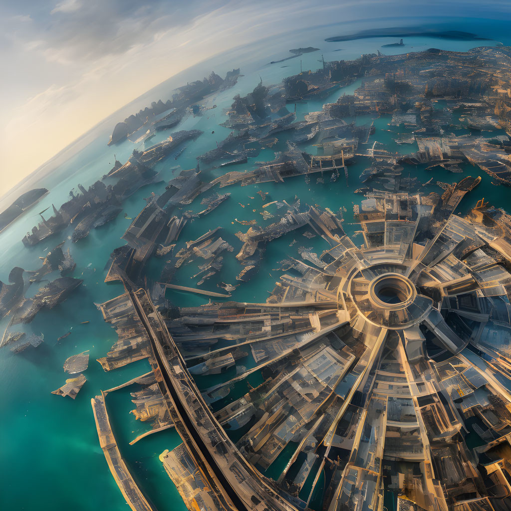 Futuristic Circular Architecture Cityscape Over Water at Sunset