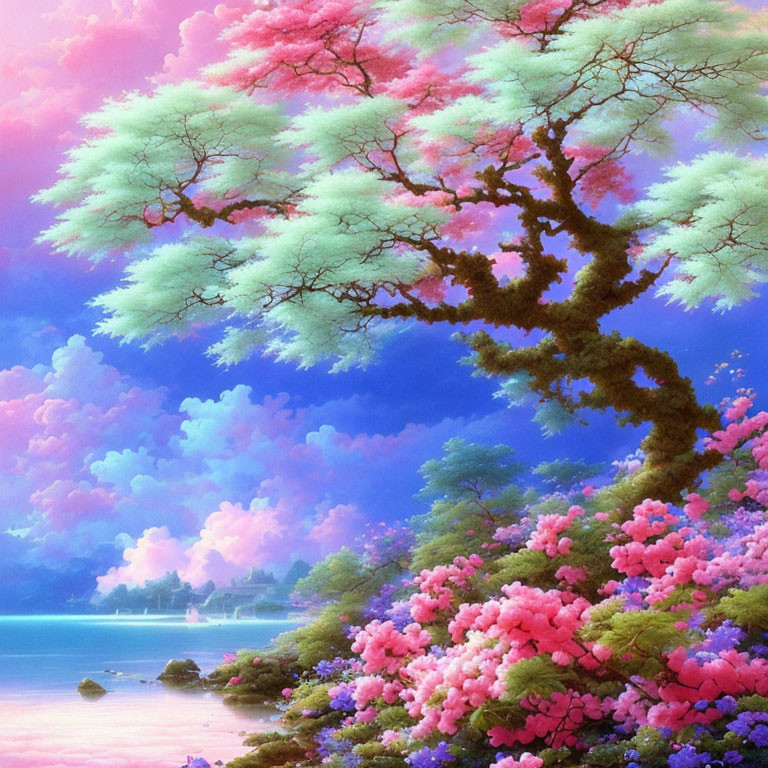 Colorful Fantasy Landscape with Pink and Turquoise Tree by Serene Lake