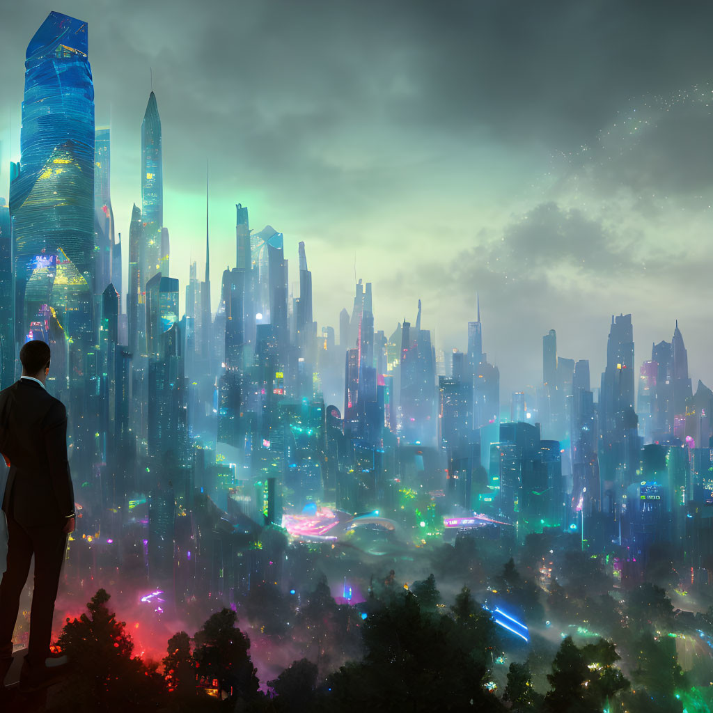 Futuristic cityscape with neon lights and flying vehicles at dusk