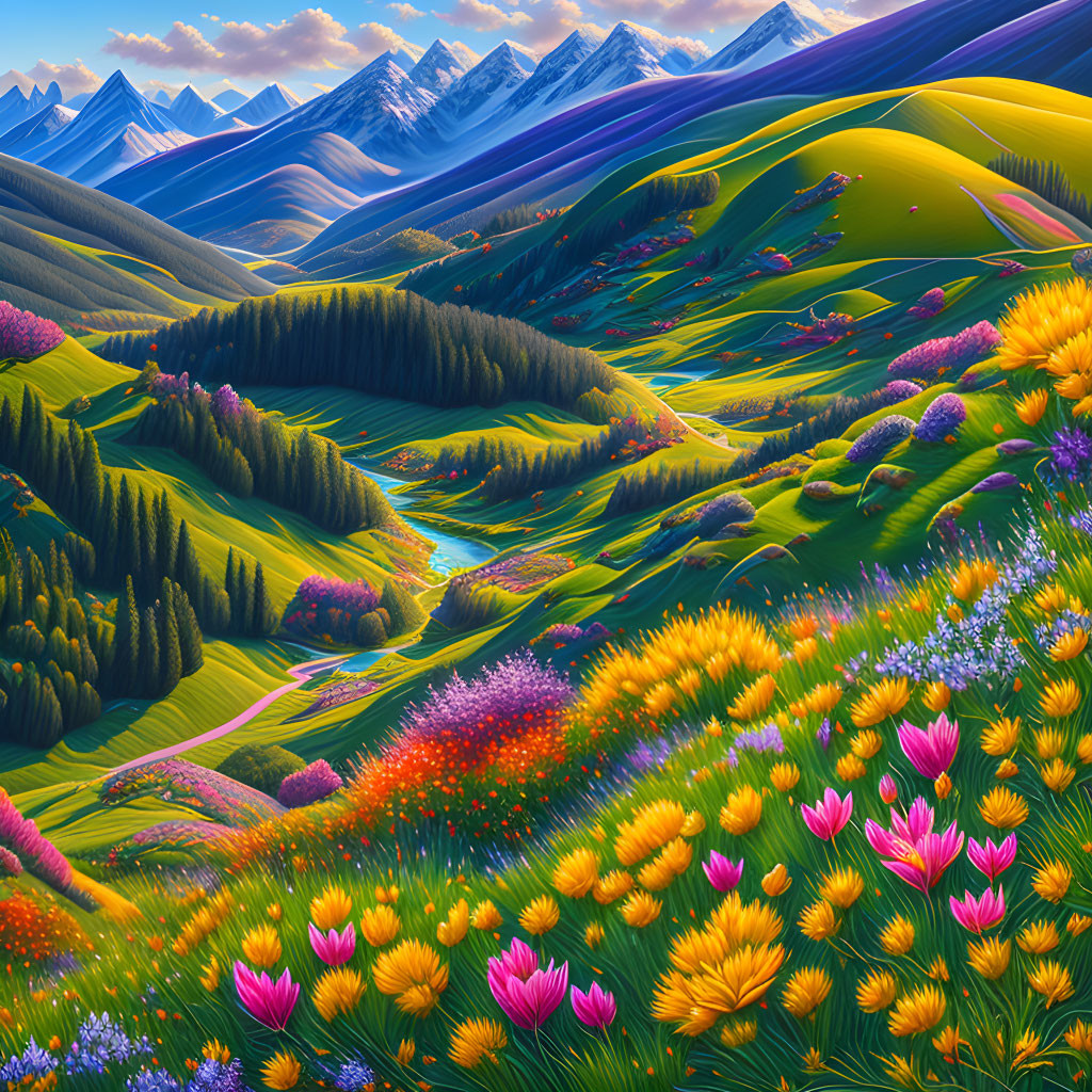 Colorful landscape with green hills, flowers, river, and snowy mountains