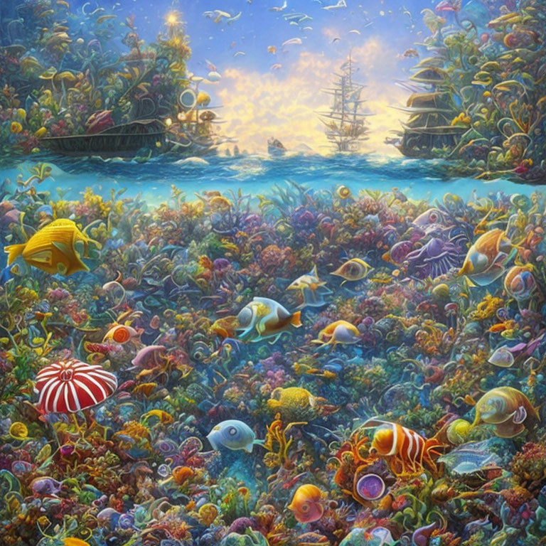 Colorful Fish, Coral Reefs, Shipwreck & Sunlight in Underwater Scene