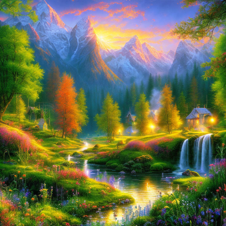 Scenic landscape with mountains, river, waterfalls, autumn trees, and cottage