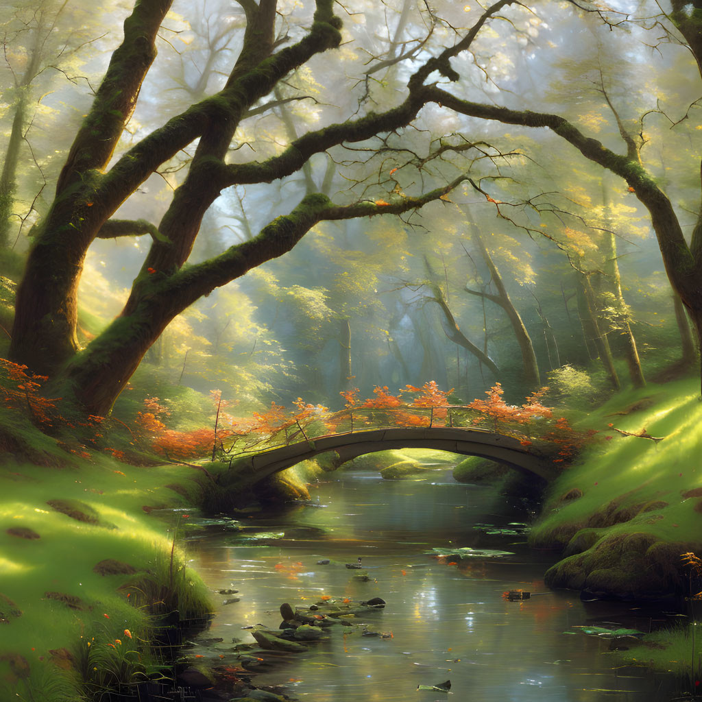 Tranquil woodland scene with stone bridge and misty sunlight