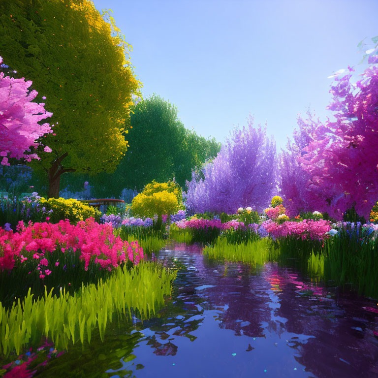 Colorful Blossoms Reflecting in Tranquil Pond Amid Lush Garden