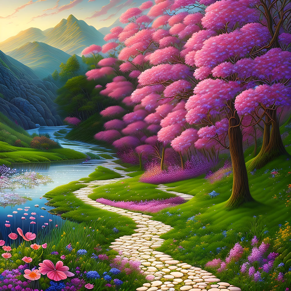 Colorful Landscape with Stone Path, Stream, Pink Trees, Green Hills, Flowers