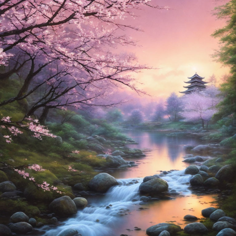 Cherry blossom stream with Asian pagoda in misty forest