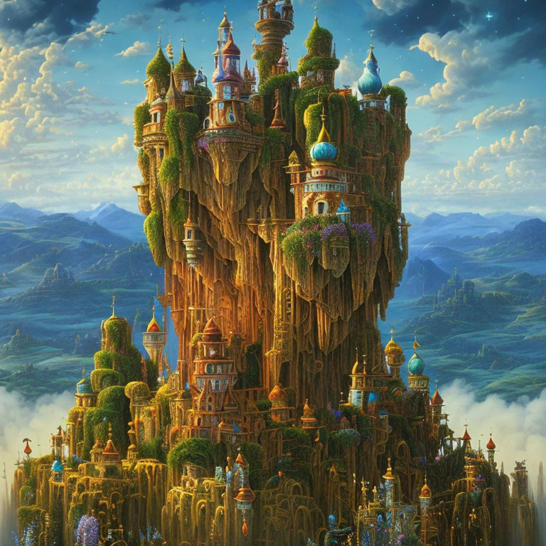 Colorful Castles on Towering Cliff Amidst Floating Islands