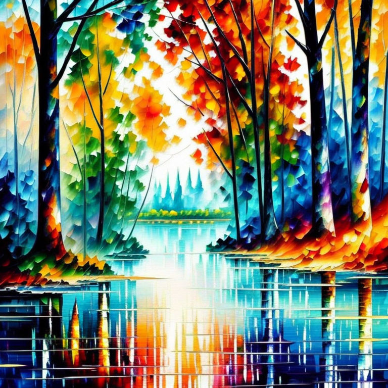 Colorful Autumn Forest Reflection in Serene Lake Painting