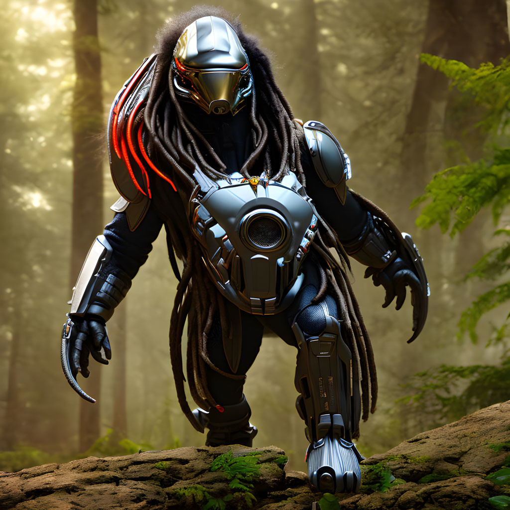 Armored Predator in Forest with Light Beams