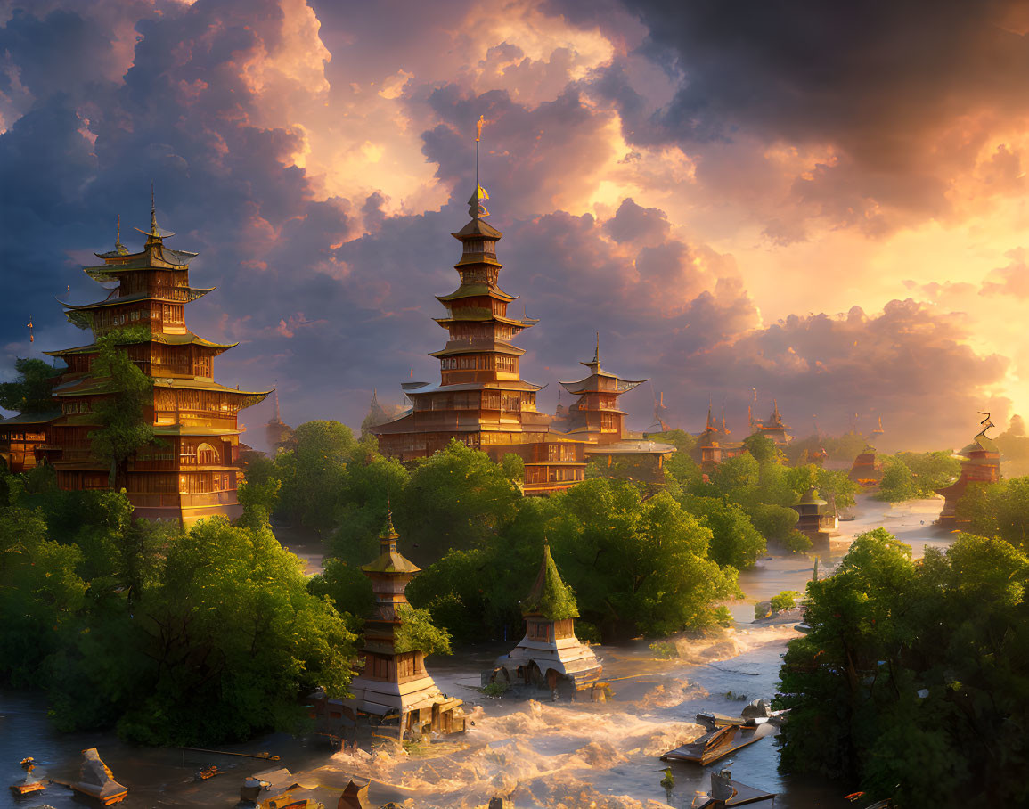 Asian Pagodas in Lush Landscape at Sunset