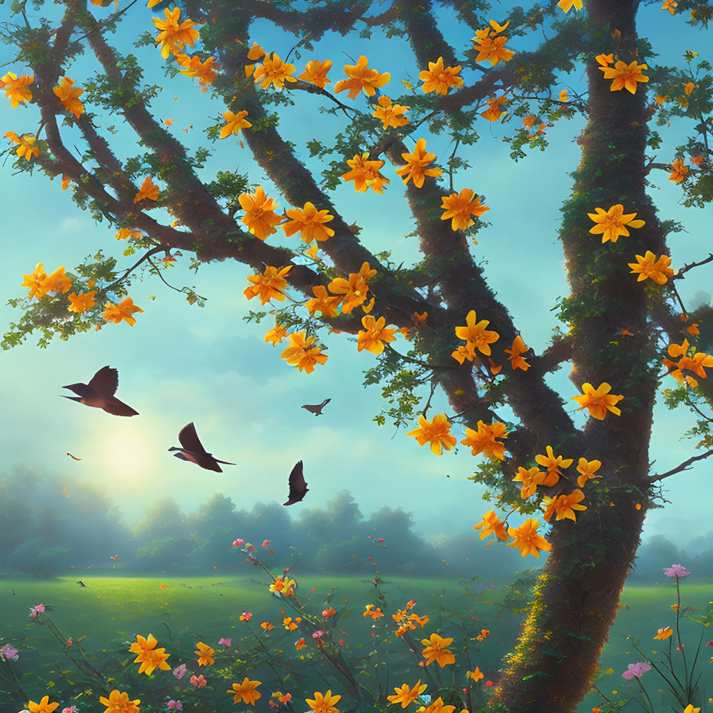 Vibrant orange flowers on lush tree with birds and sunlit meadow