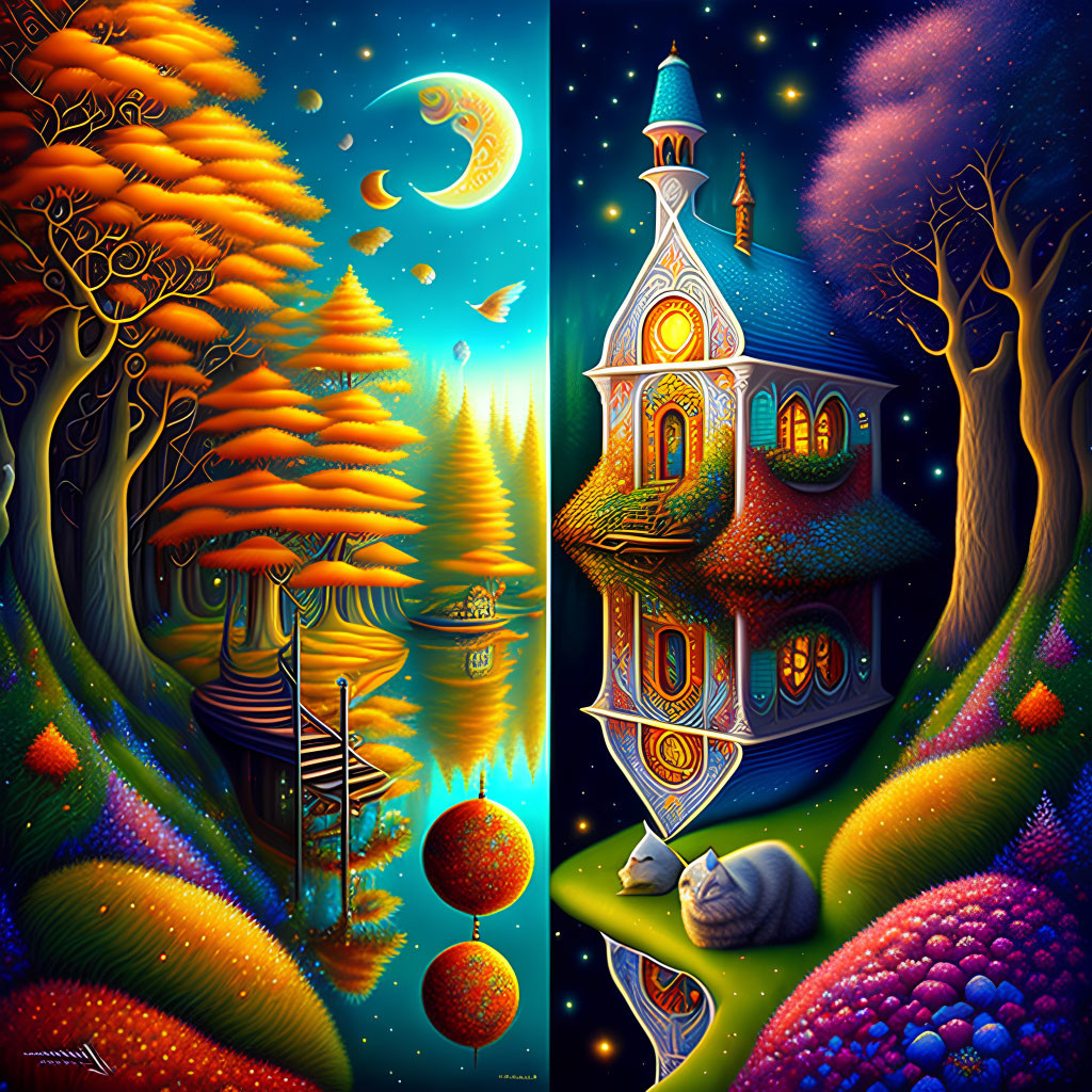 Whimsical house in autumnal and nocturnal settings with moon and stars