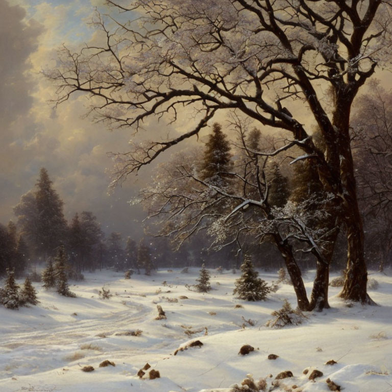 Snow-covered Winter Landscape with Frosty Trees and Evergreens