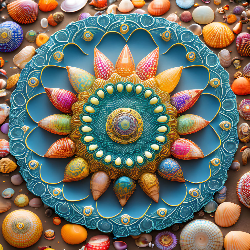 Colorful Seashell Mandala Pattern on Neutral Background