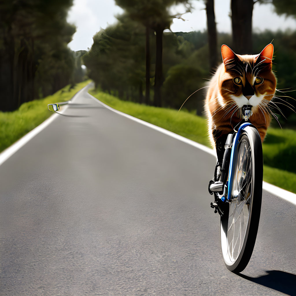 Cat with Sunglasses Riding Bicycle on Tree-Lined Road