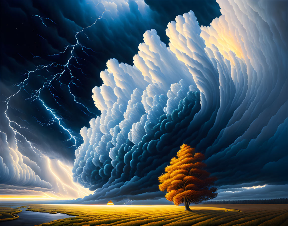 Dramatic landscape with turbulent supercell cloud, lightning, vibrant tree