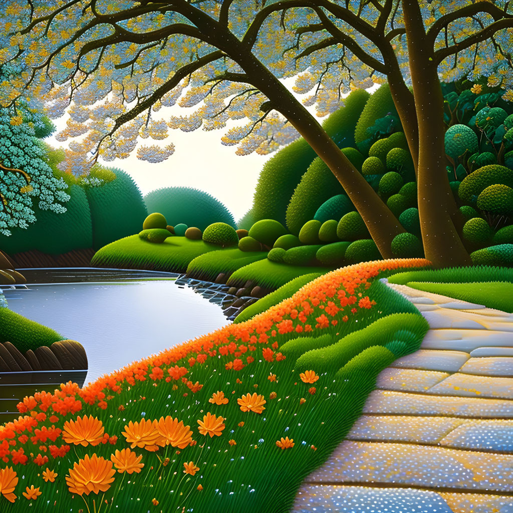 Colorful Garden Illustration with Path, Pond, and Lush Trees