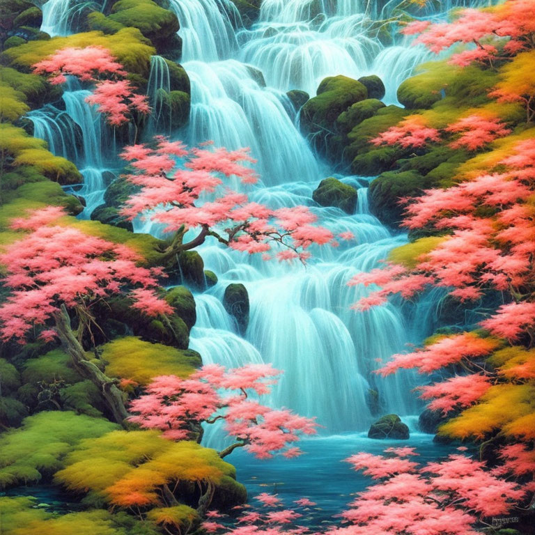 Tranquil forest scene with lush waterfall and cherry blossom trees