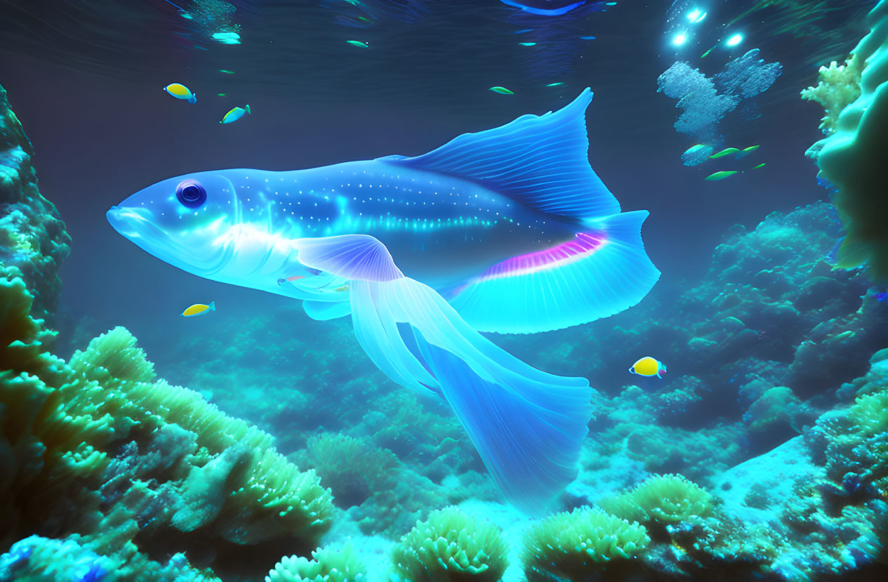 Ethereal blue fish in vibrant coral landscape