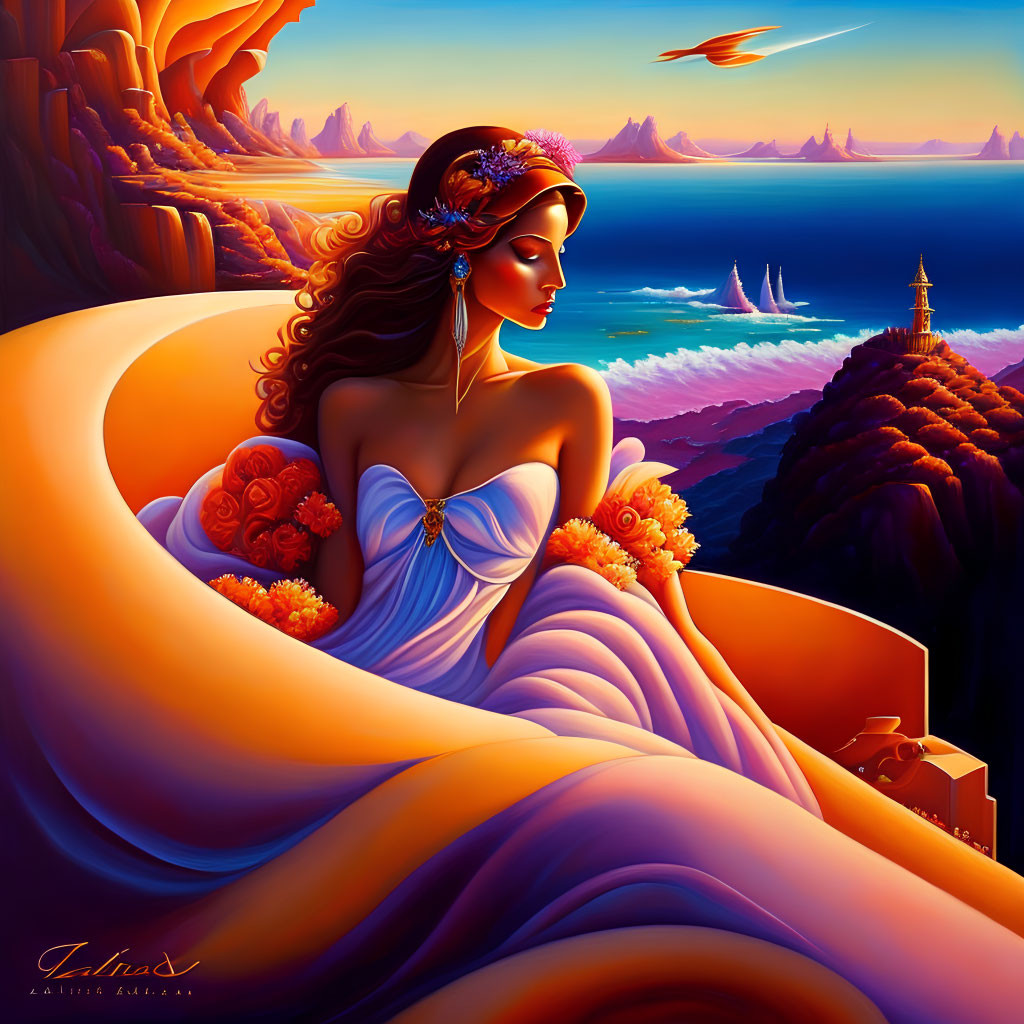 Illustration of woman in elegant gown by sea with sailboats, cliffs, and castle at sunset