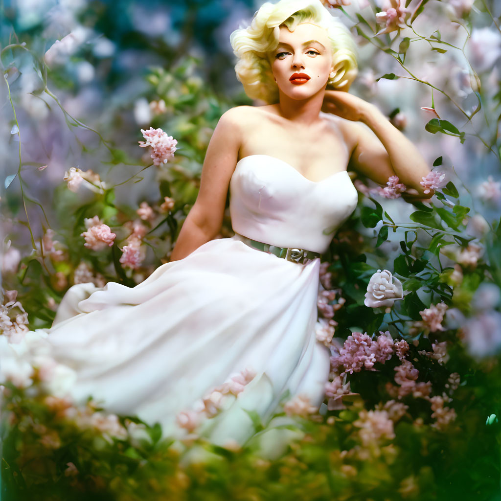 Blonde woman in white strapless gown among blooming flowers
