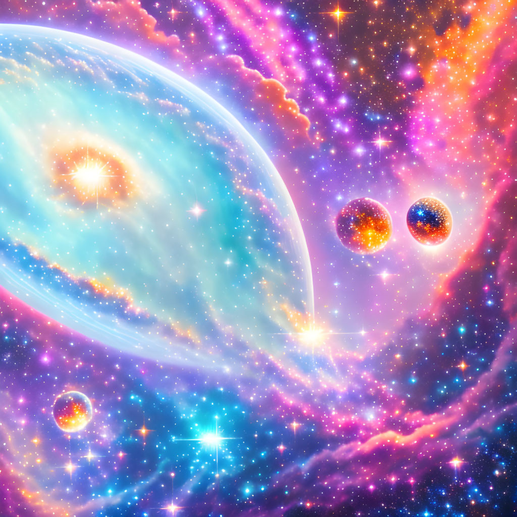 Colorful Space Artwork Featuring Planet, Stars, and Nebulae