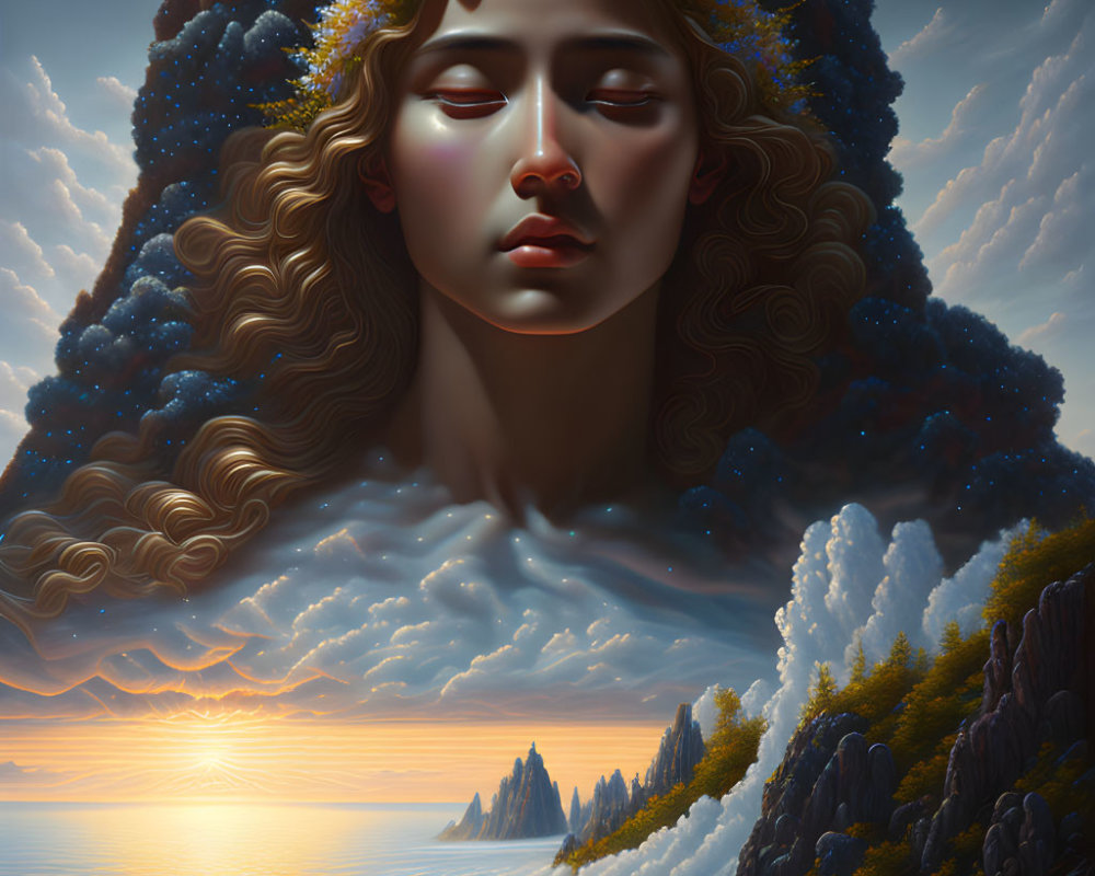 Surreal image: Woman's face merges with majestic landscape