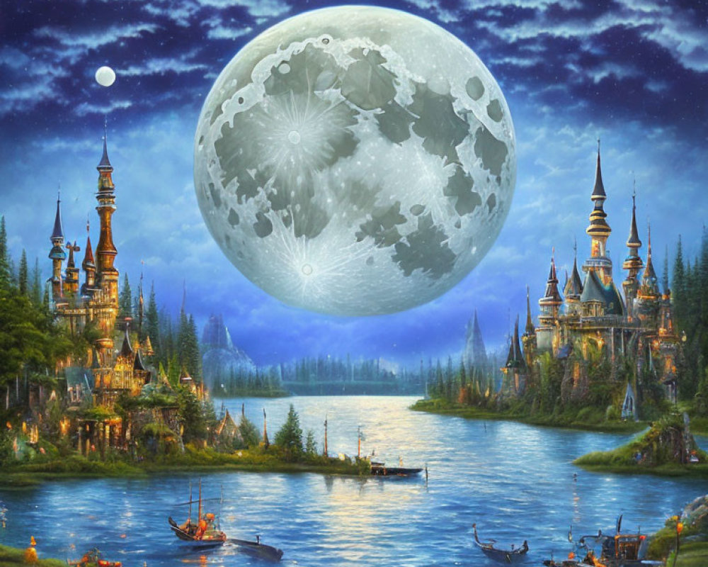 Fantasy night landscape with oversized moon, castle, river, boats, and forest.